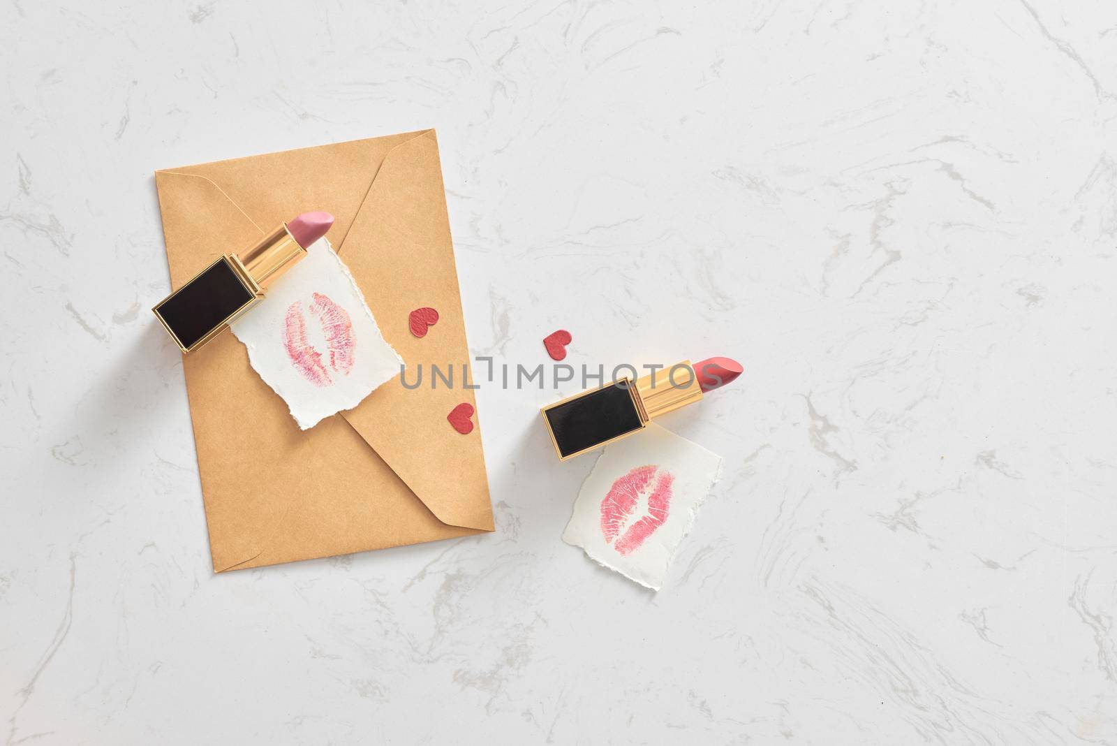 Love valentine together happy affection concept with lipstick and lipstick kiss mark by makidotvn