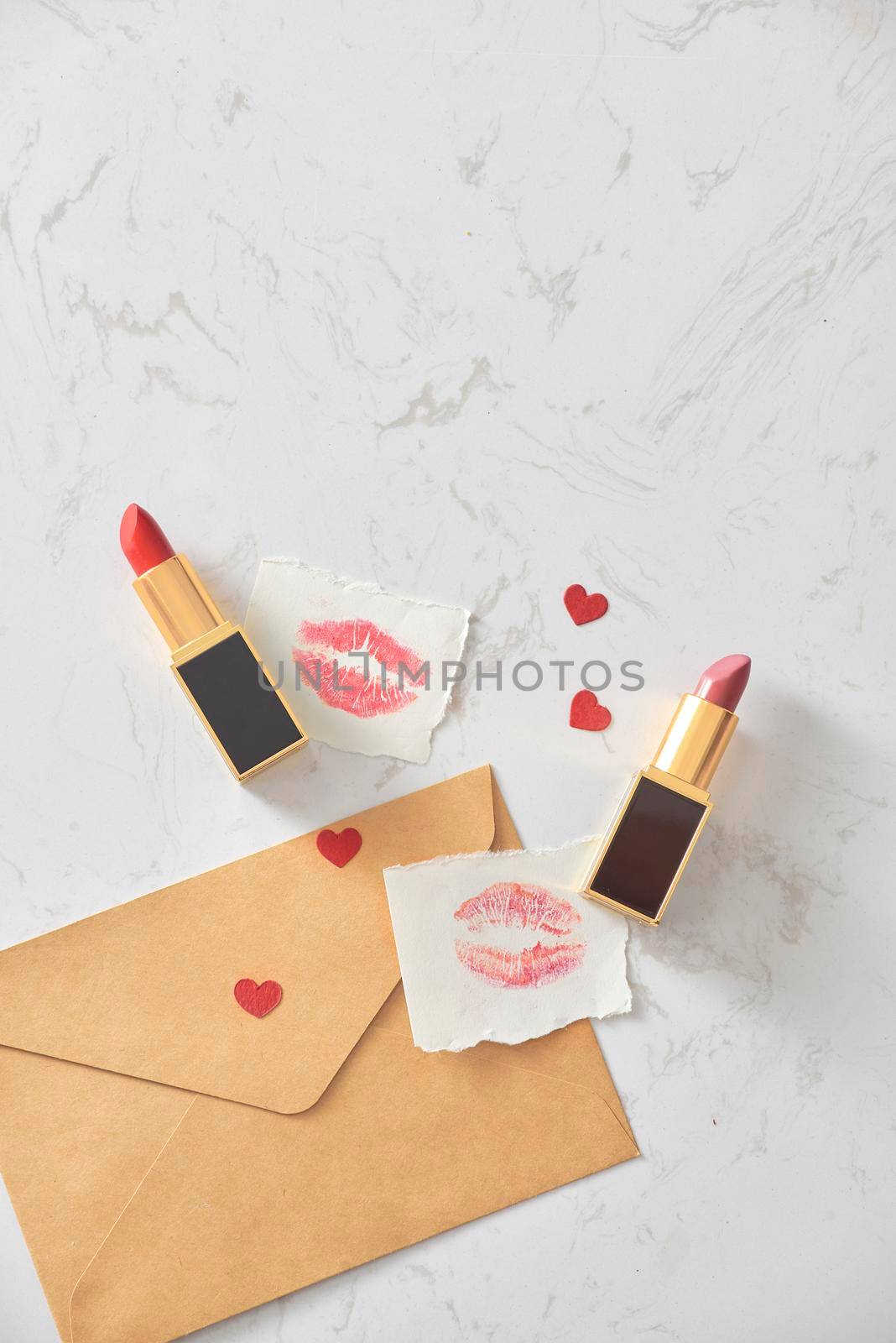 Love valentine together happy affection concept with lipstick and lipstick kiss mark by makidotvn