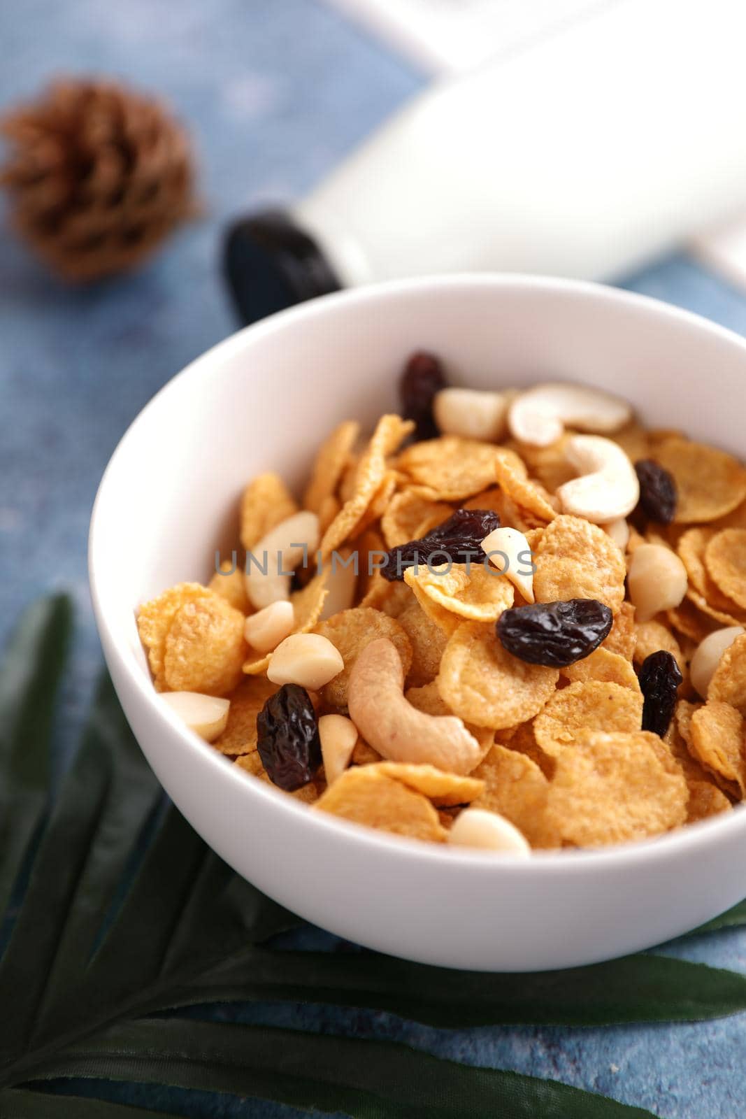 Cereal dessert with corn oat and dry fruits isolated in blue background