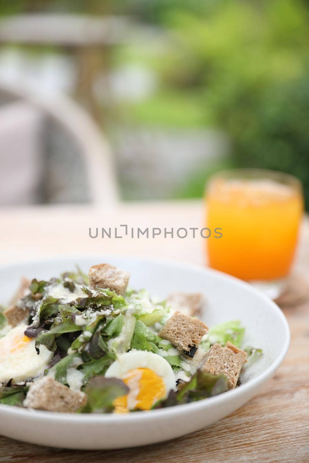 caesar salad appetizer on wooden background by piyato