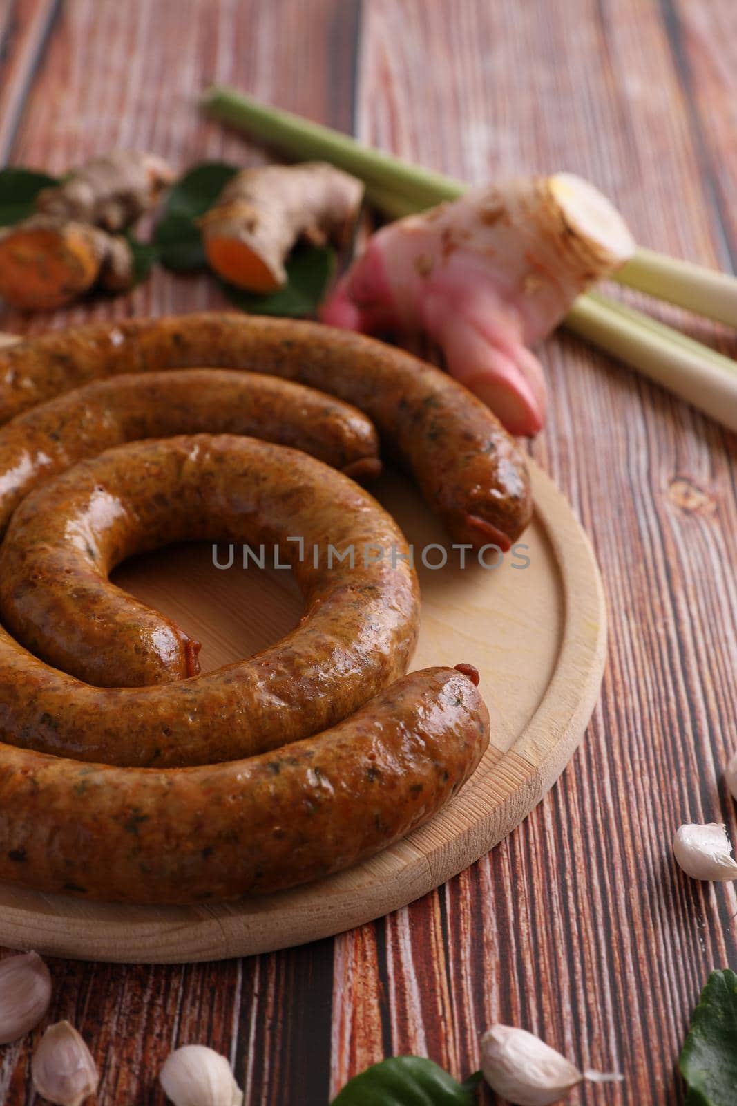 Local Northern Thai food , Northern Thai spicy sausage street food isolated in white background