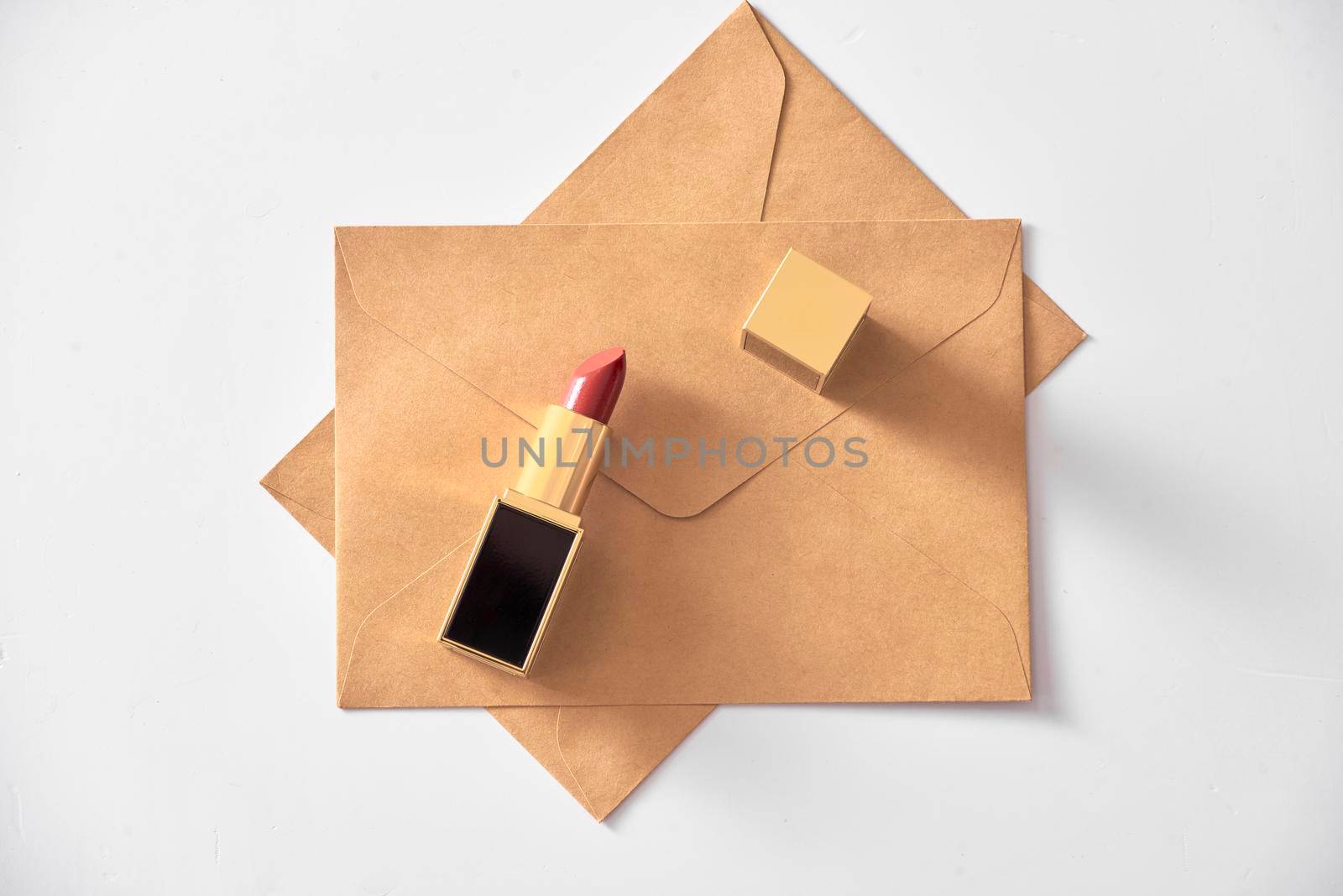 Happy Valentine's Day concept on vintage paper sheet with lipstick