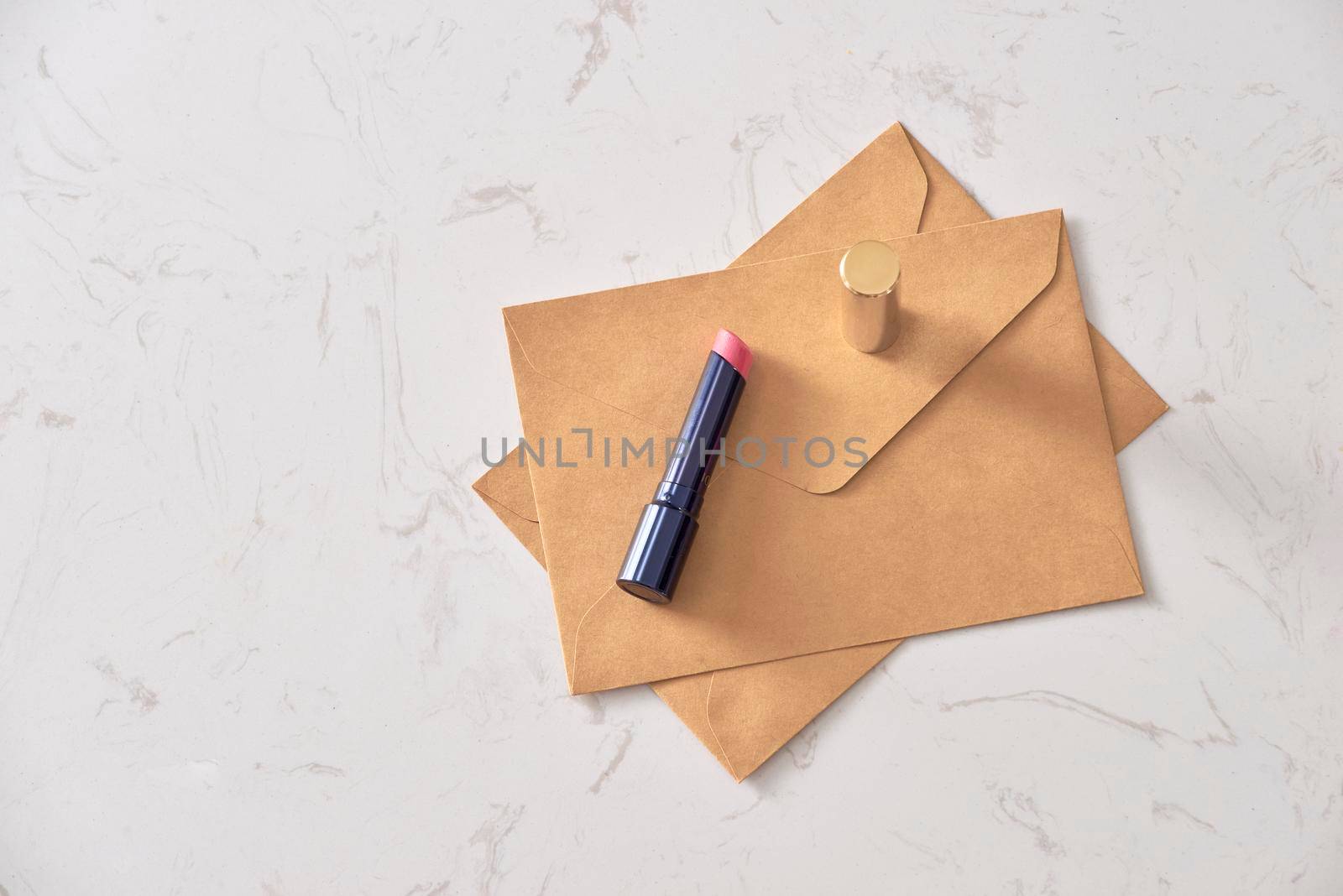 Happy Valentine's Day concept on vintage paper sheet with lipstick