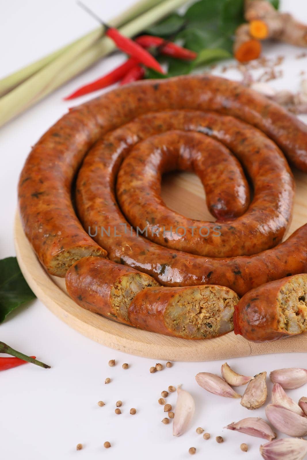 Local Northern Thai food , Northern Thai spicy sausage street food isolated in white background