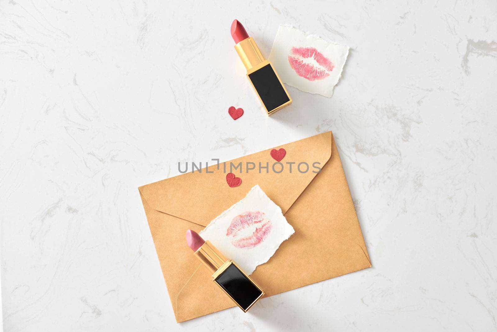 Love valentine together happy affection concept with lipstick and lipstick kiss mark by makidotvn