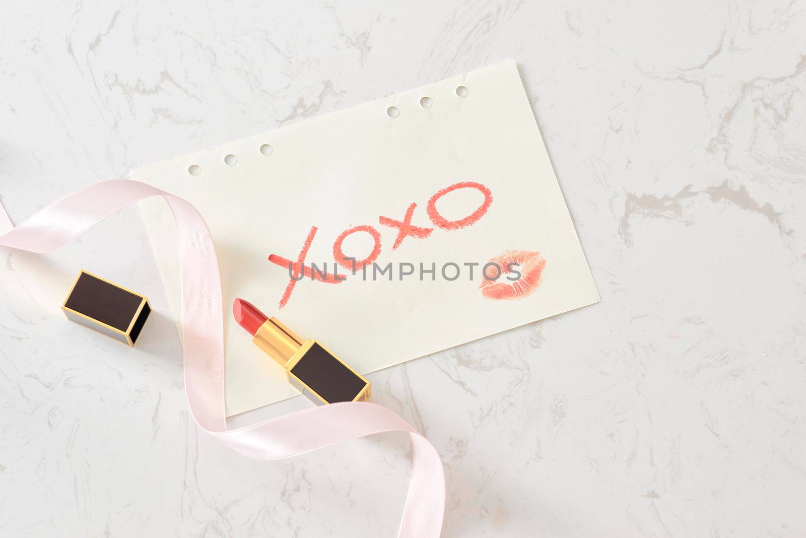 Mock-up background. Notebook with Marble Background. XOXO. Glamour style. Flat lay. Red lips. by makidotvn