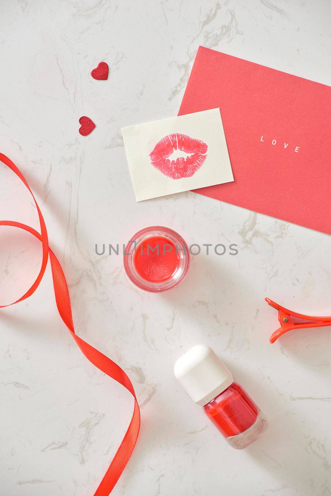 Happy Valentine's Day concept on vintage paper sheet with lipstick