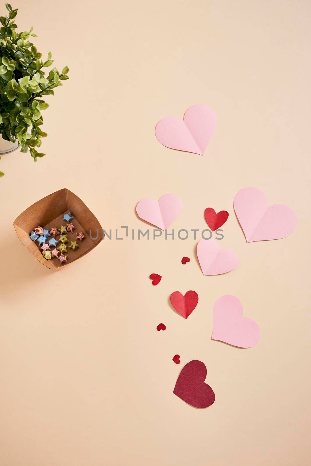 Red Pink paper hearts {Paper Heart stacked} Isolated on a white background. You can use for greeting card "Happy Valentine's Day" by makidotvn