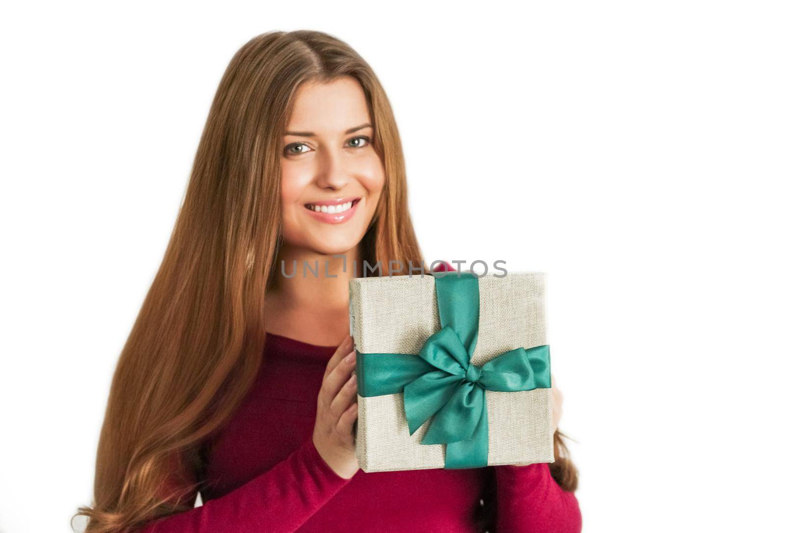 Christmas holiday present, happy woman holding a gift or luxury beauty box subscription delivery isolated on white background by Anneleven