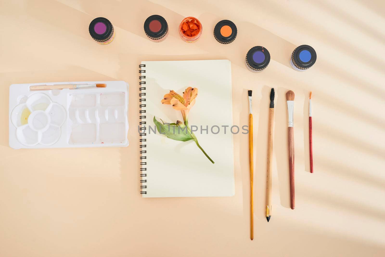 Set of watercolor paint, art brushes and paper on a desk  by makidotvn