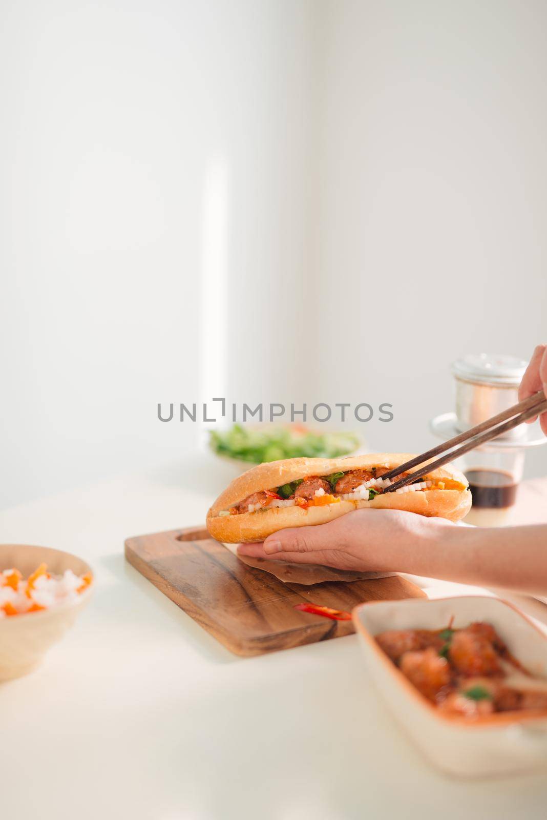 Vietnamese sandwich with meatballs. Traditional breakfast