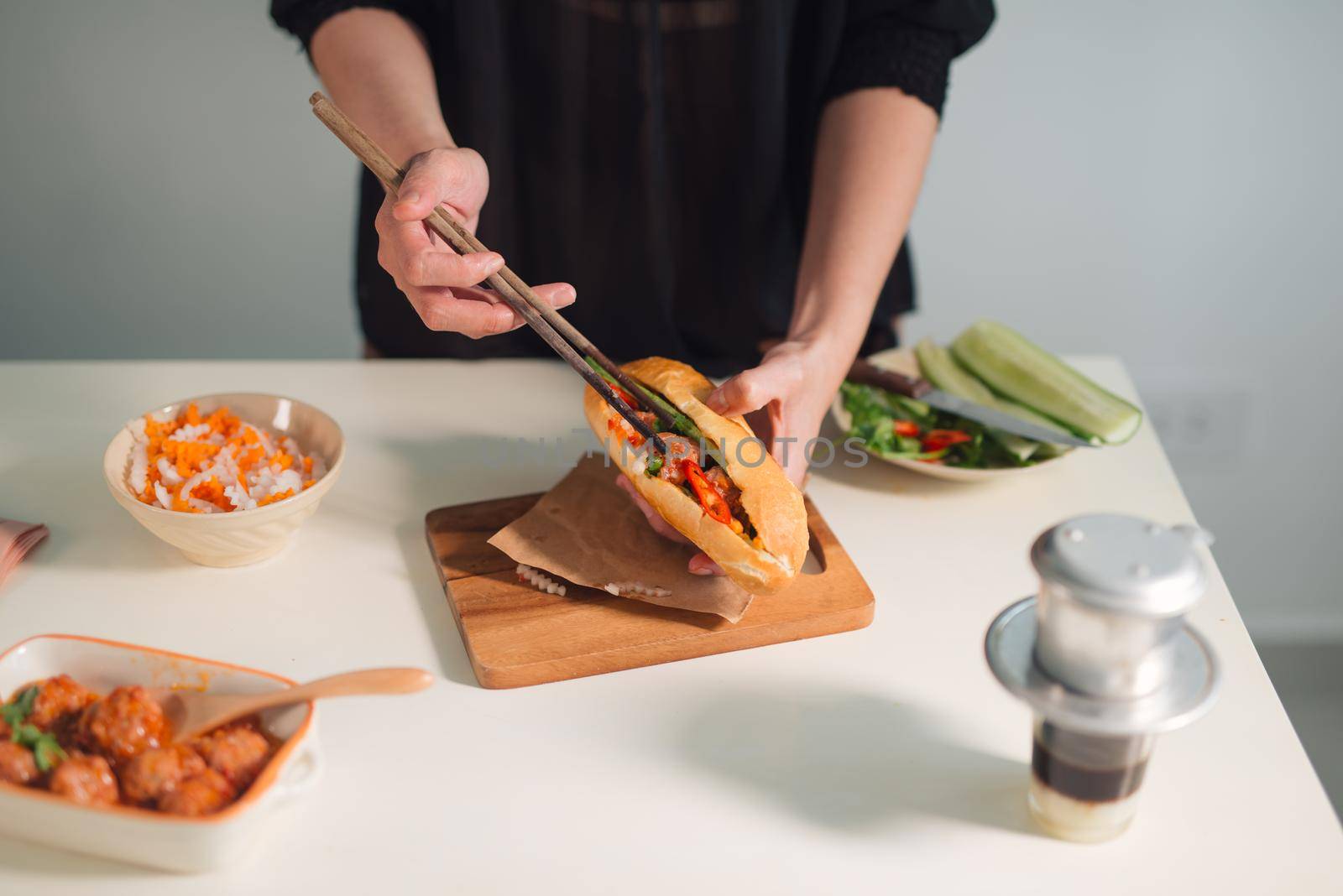 Meatballs sandwich (snack with meat and vegetables). Vietnamese traditional food