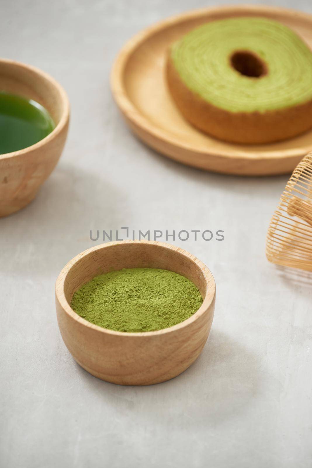 German cake, Green tea Baumkuchen with latte by makidotvn