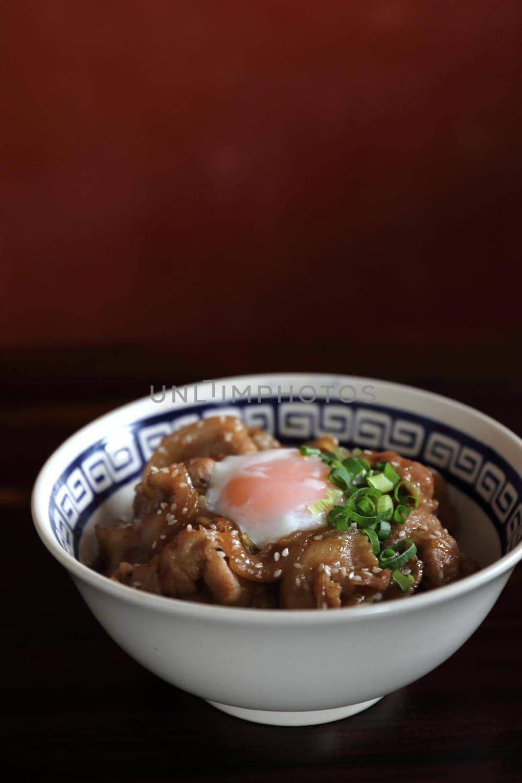 pork rice bowl with egg on wood backround japanese local food butadon