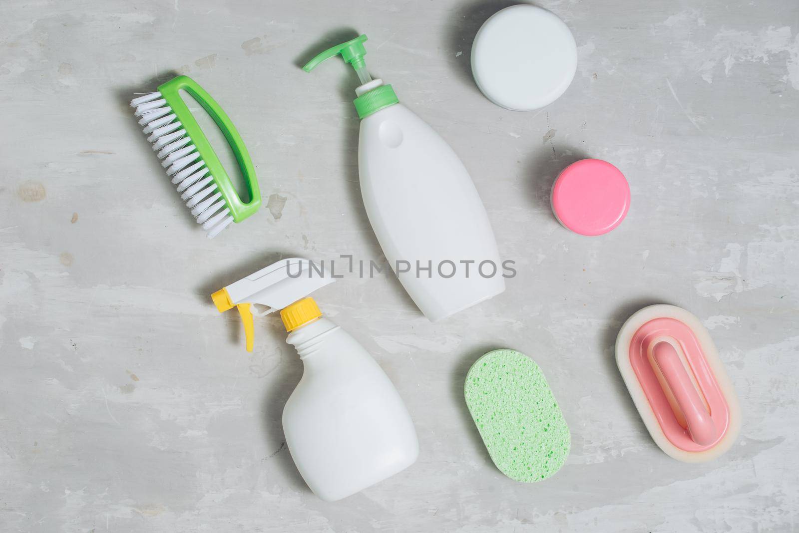 Assortment of colored means for cleaning and washing