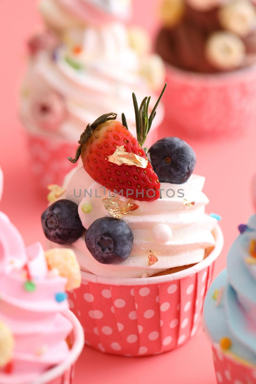 Colorful cupcakes isolated in pink background