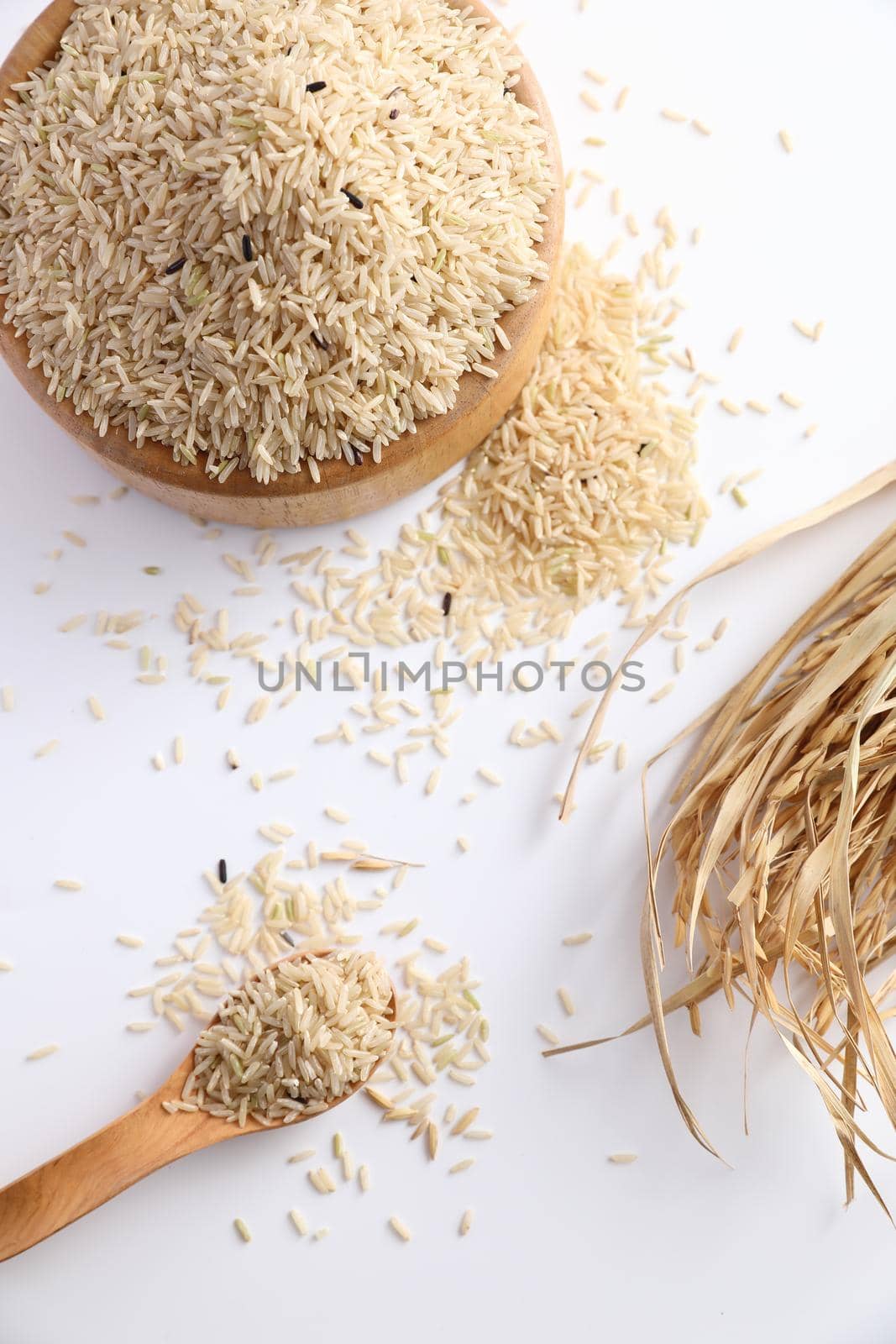 Organic raw brown rice in close up