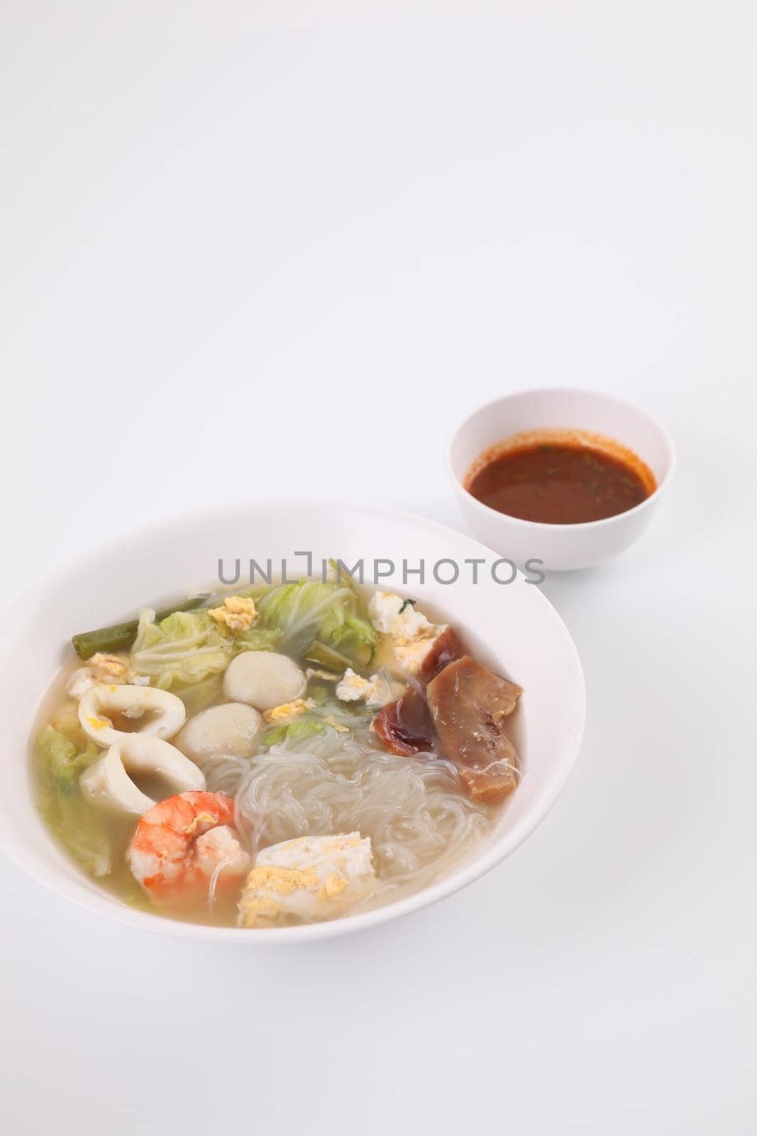 Local food , Thai sukiyaki soup isoated in white background street food