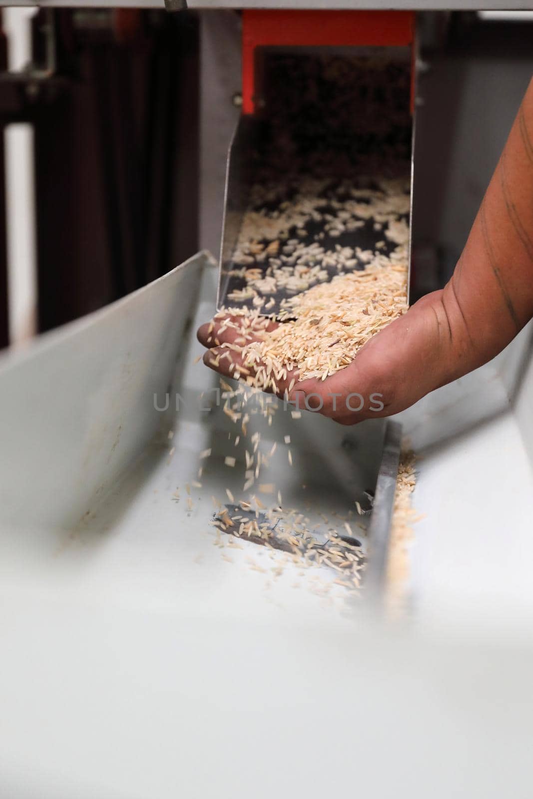 Factory machine Milling rice in close up by piyato