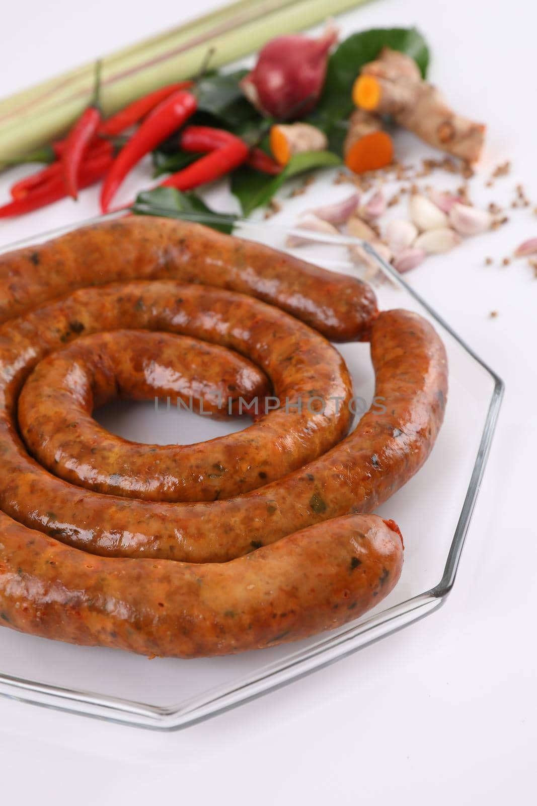 Local Northern Thai food , Northern Thai spicy sausage street food isolated in white background