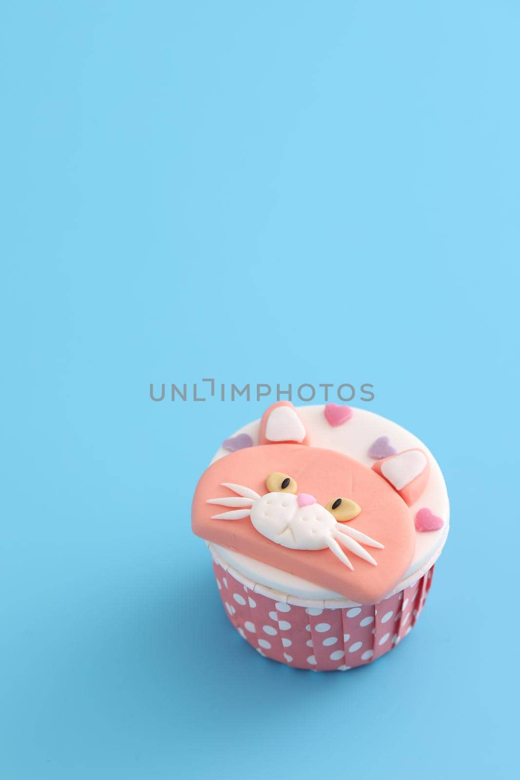 Cute cat cupcake isolated in blue background by piyato