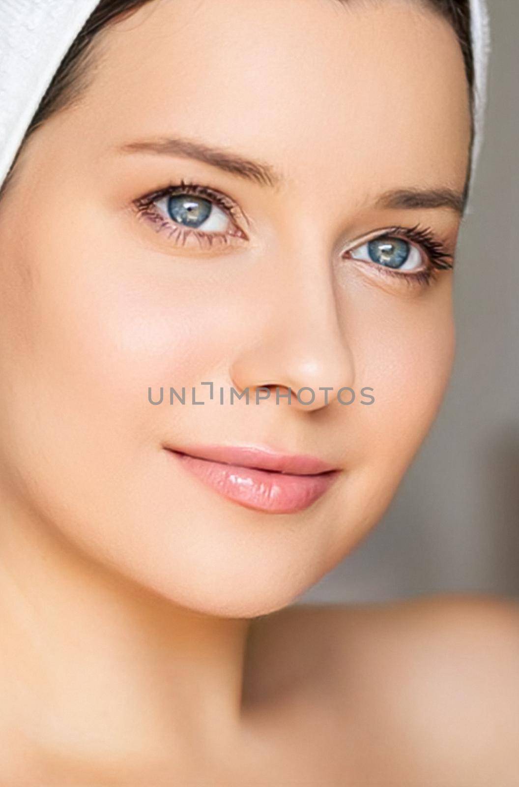 Skin care and beauty routine, beautiful woman with white towel wrapped around head, skincare cosmetics and face cosmetology, close-up portrait