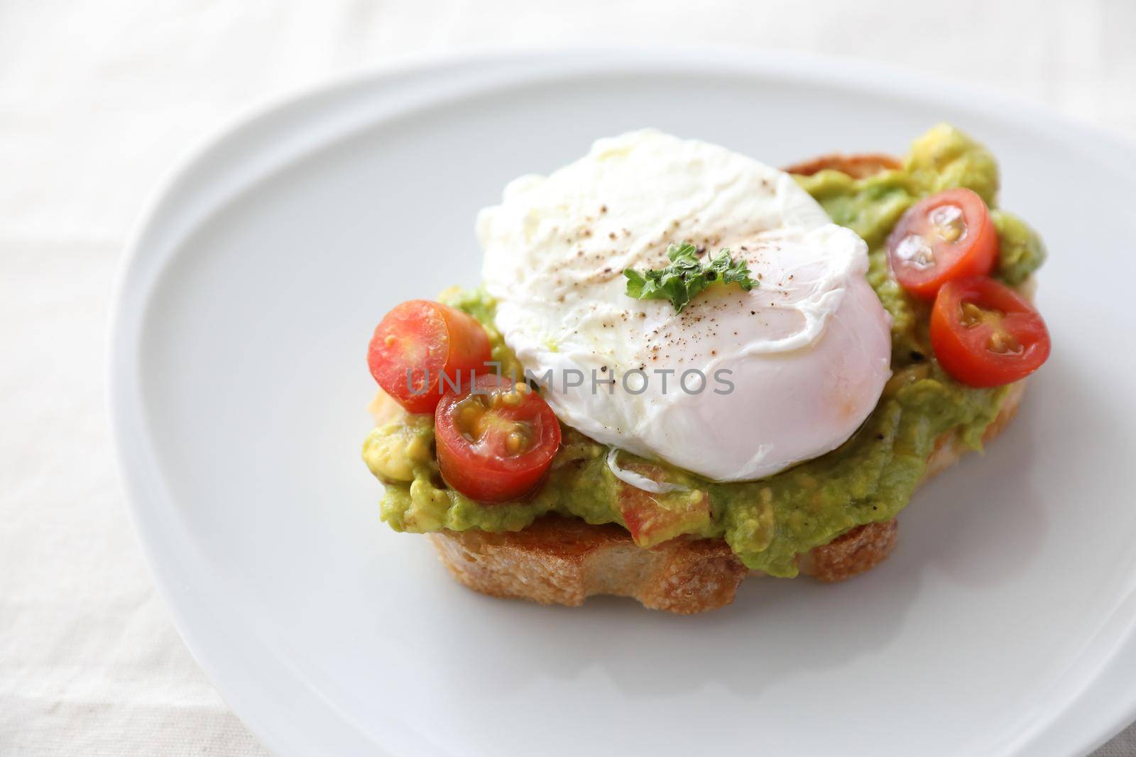 Poached eggs with avocado on toast in white background