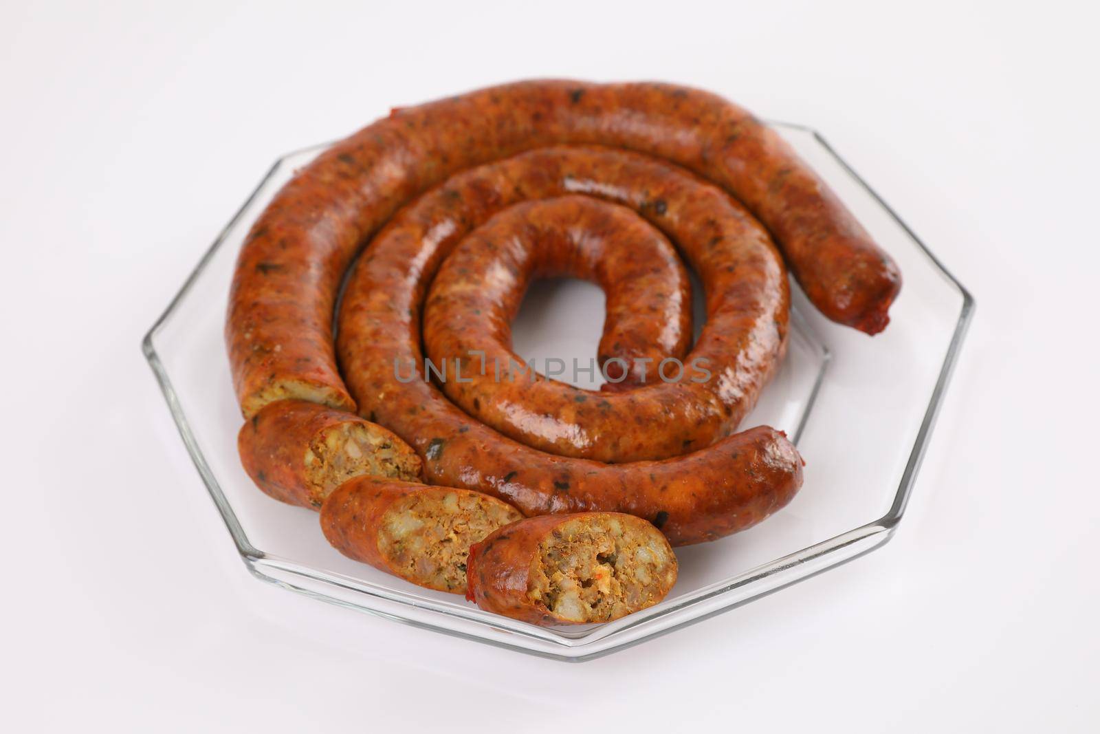 Local Northern Thai food , Northern Thai spicy sausage street food isolated in white background