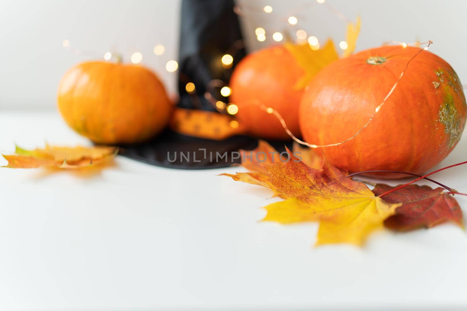 Autumn leaves with pumpkin border at the bottom, black hat, beautiful autumn background. Flashing lights on the background, beautiful bokeh