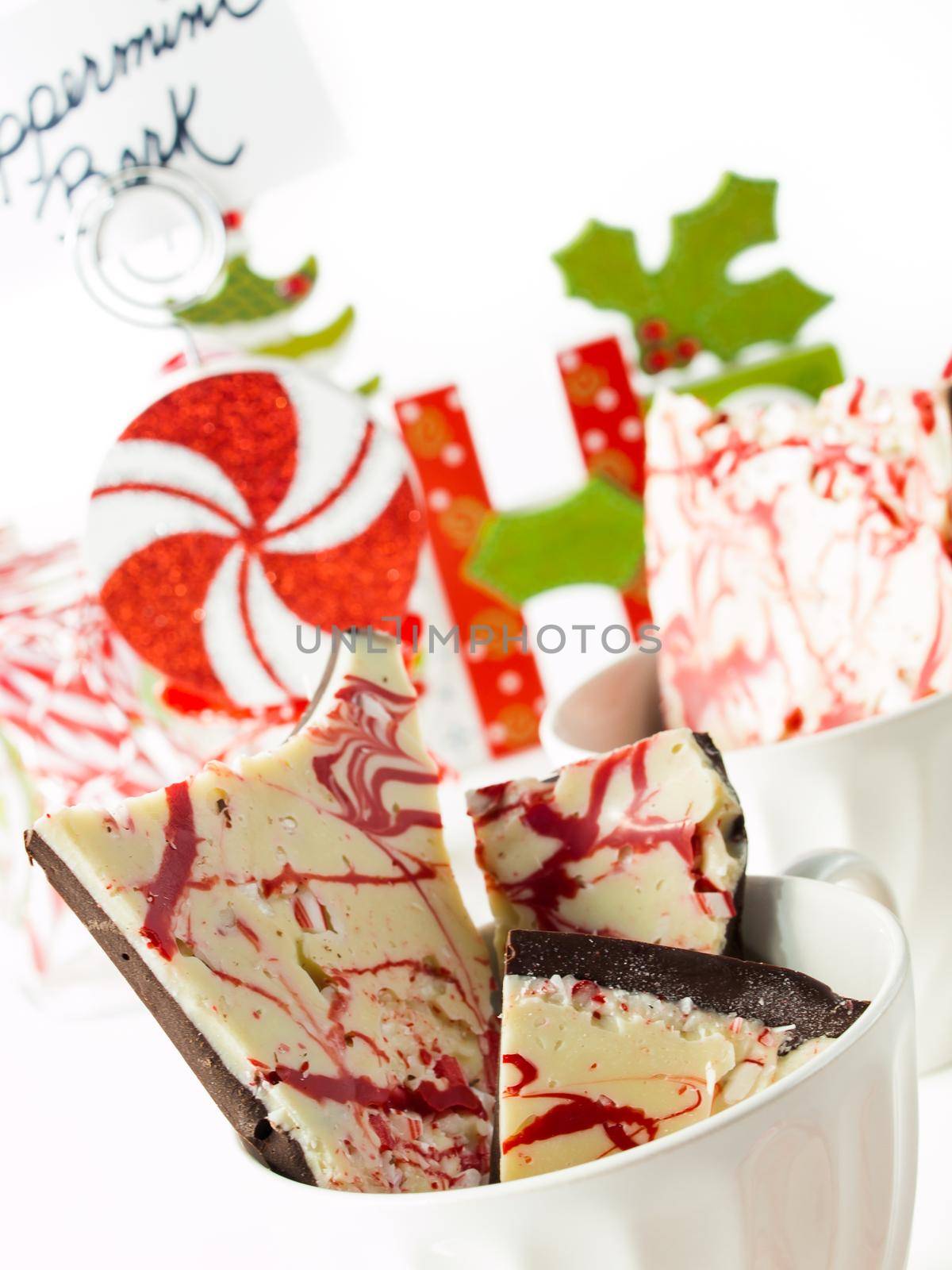 Traditional Christmas Chocolate Peppermint Bark sprinkled with peppermint candies.