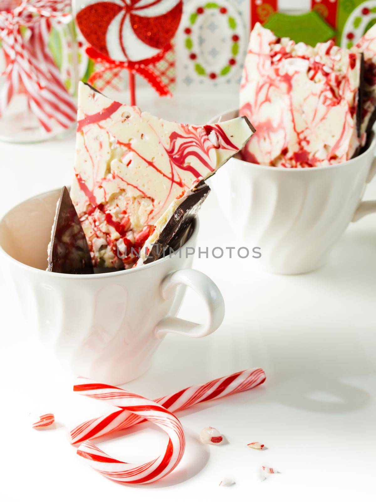 Traditional Christmas Chocolate Peppermint Bark sprinkled with peppermint candies.