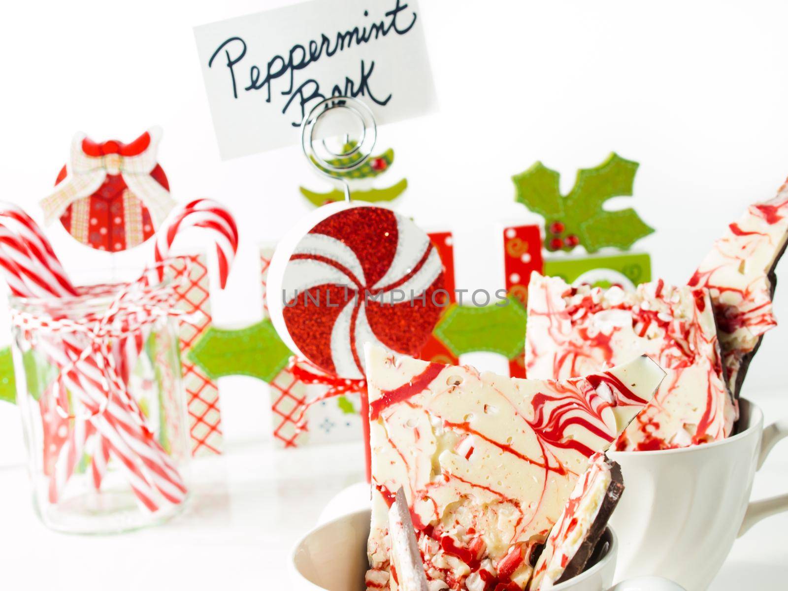 Traditional Christmas Chocolate Peppermint Bark sprinkled with peppermint candies.