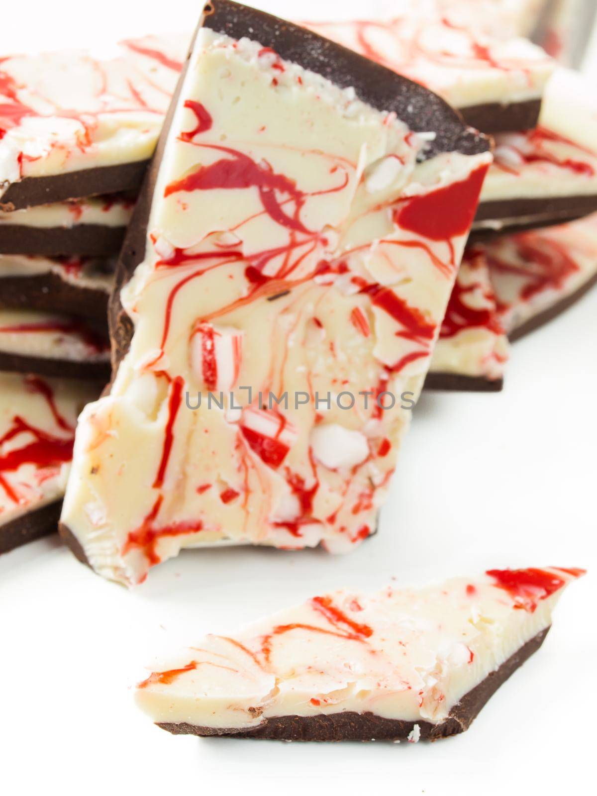 Traditional Christmas Chocolate Peppermint Bark sprinkled with peppermint candies.