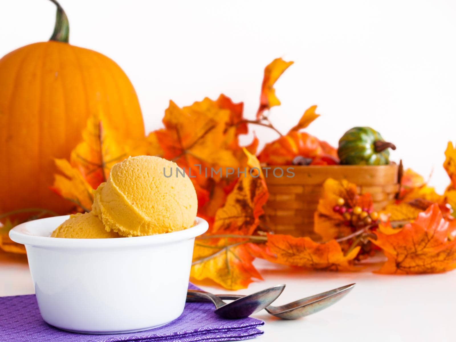 Scoop of gourmet pumpkin gelato in white bowl.