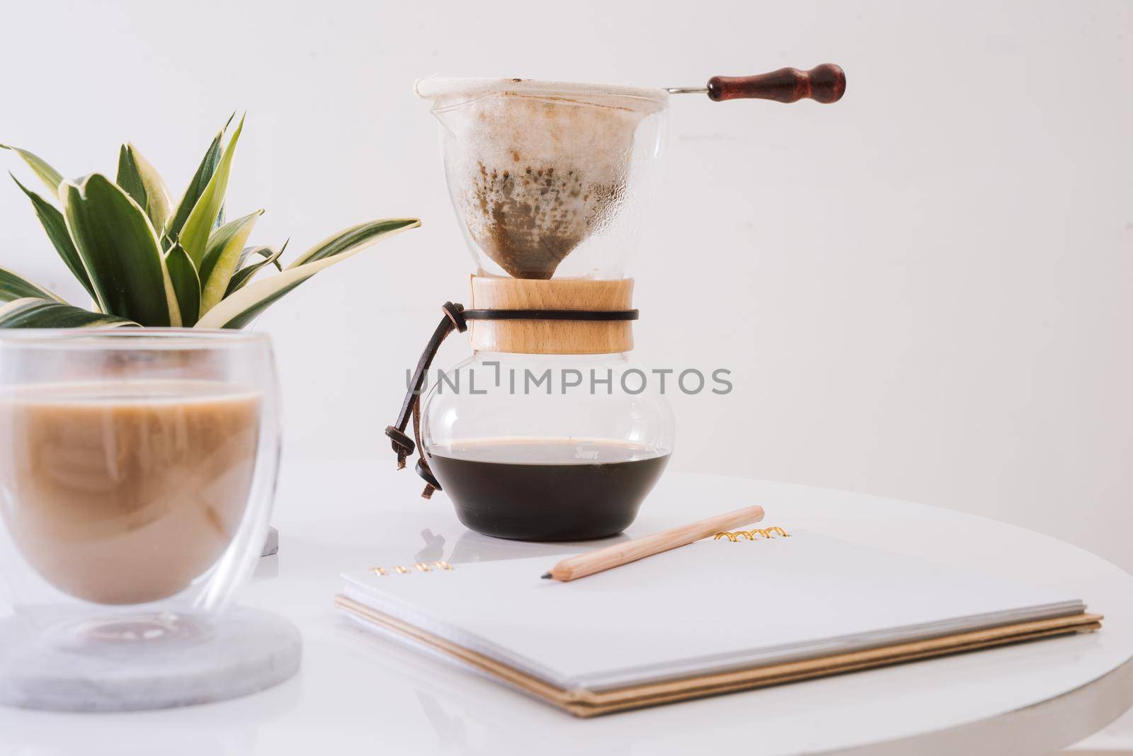 Breakfast with chocolate cake and coffee served on a beautiful living home 