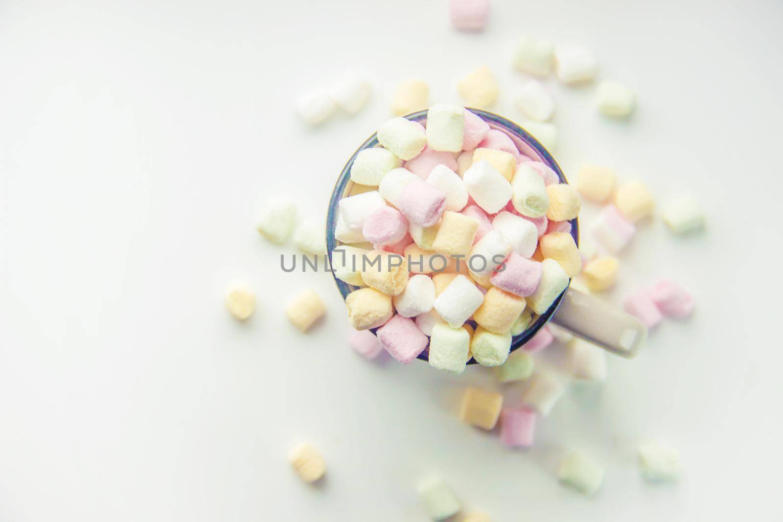 Hot chocolate and marshmallow on christmas background. Selective focus. food