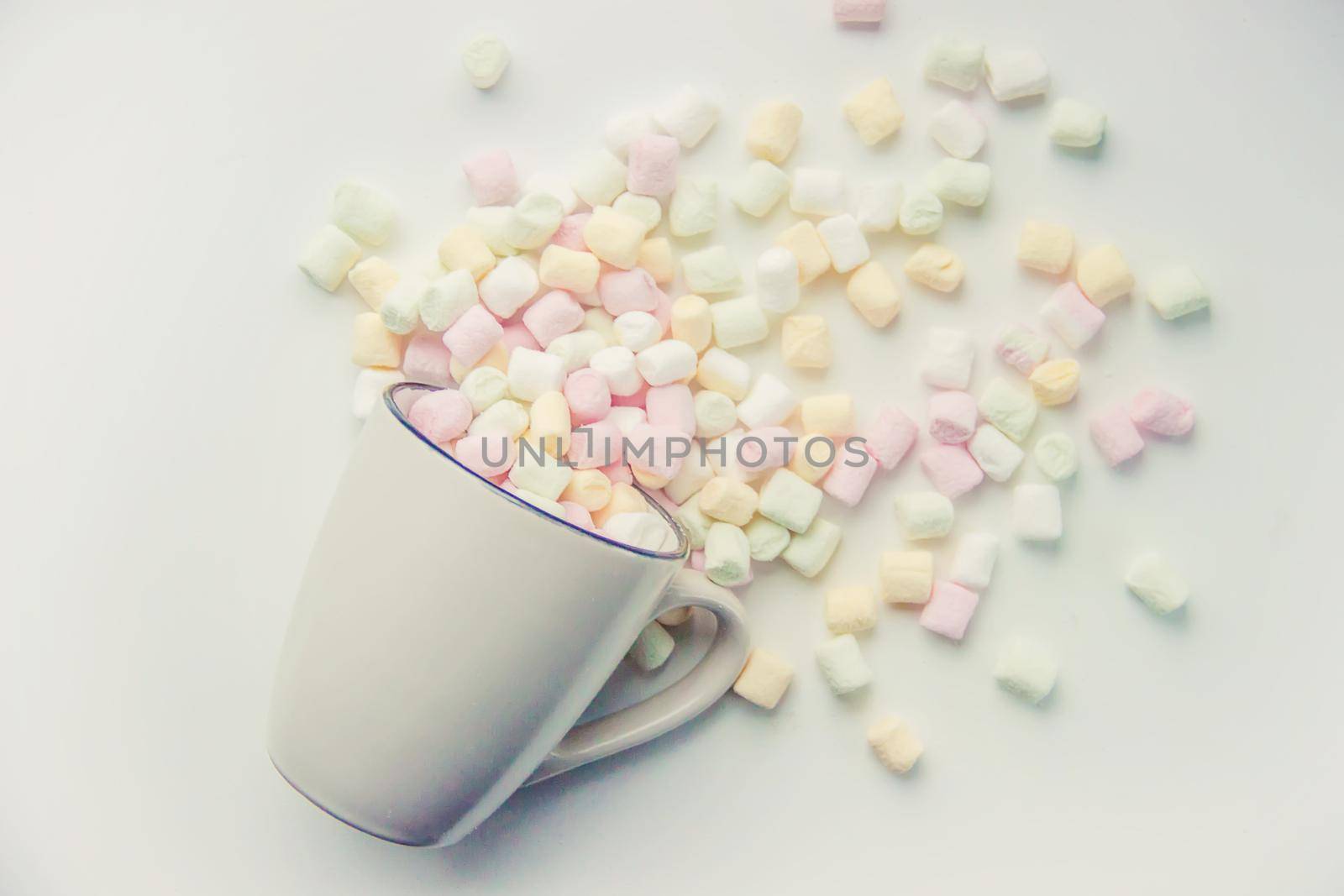 Hot chocolate and marshmallow on christmas background. Selective focus. food