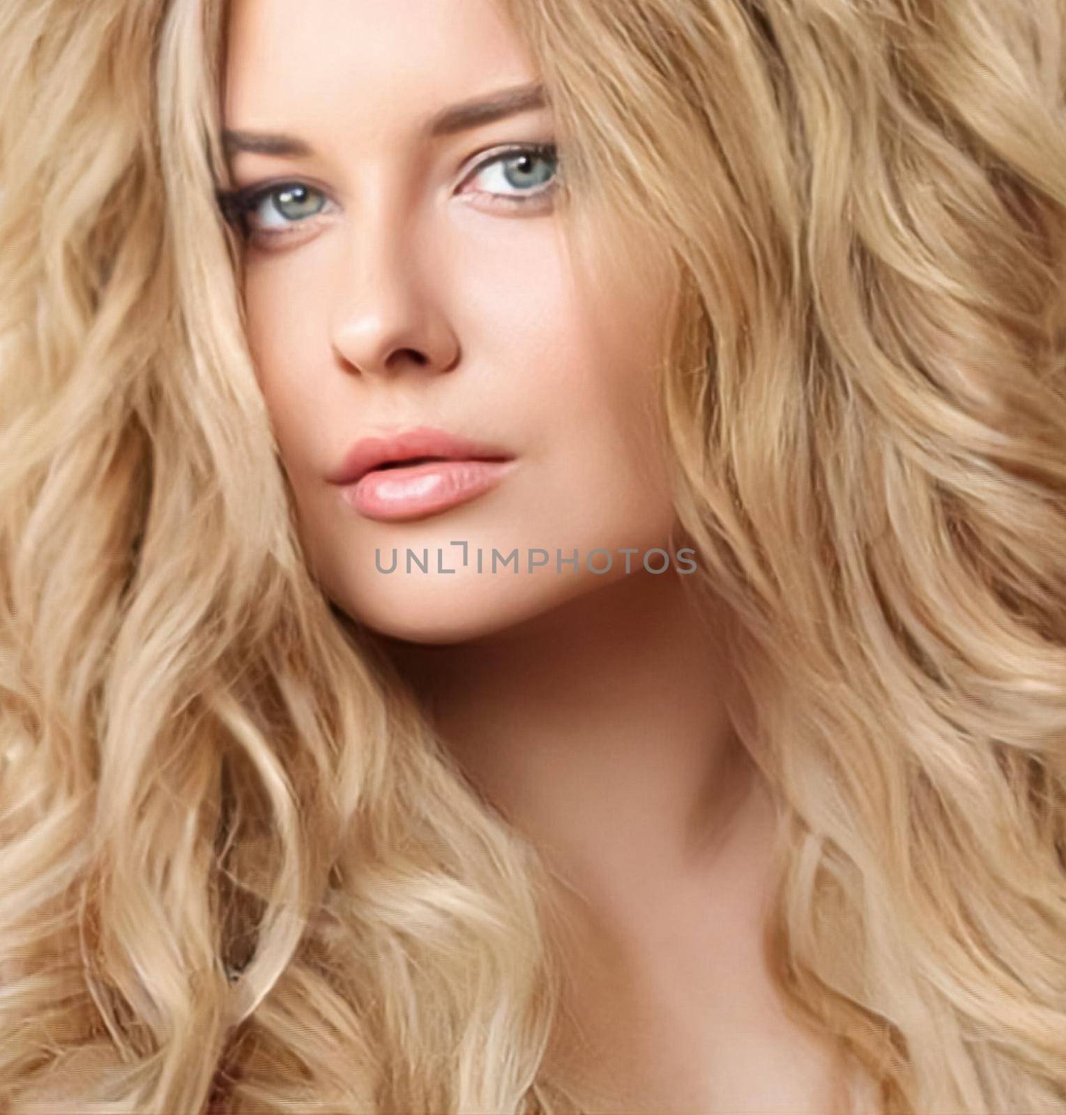Hairstyle, beauty and hair care, beautiful blonde woman with long blond hair, glamour portrait for hair salon and haircare by Anneleven
