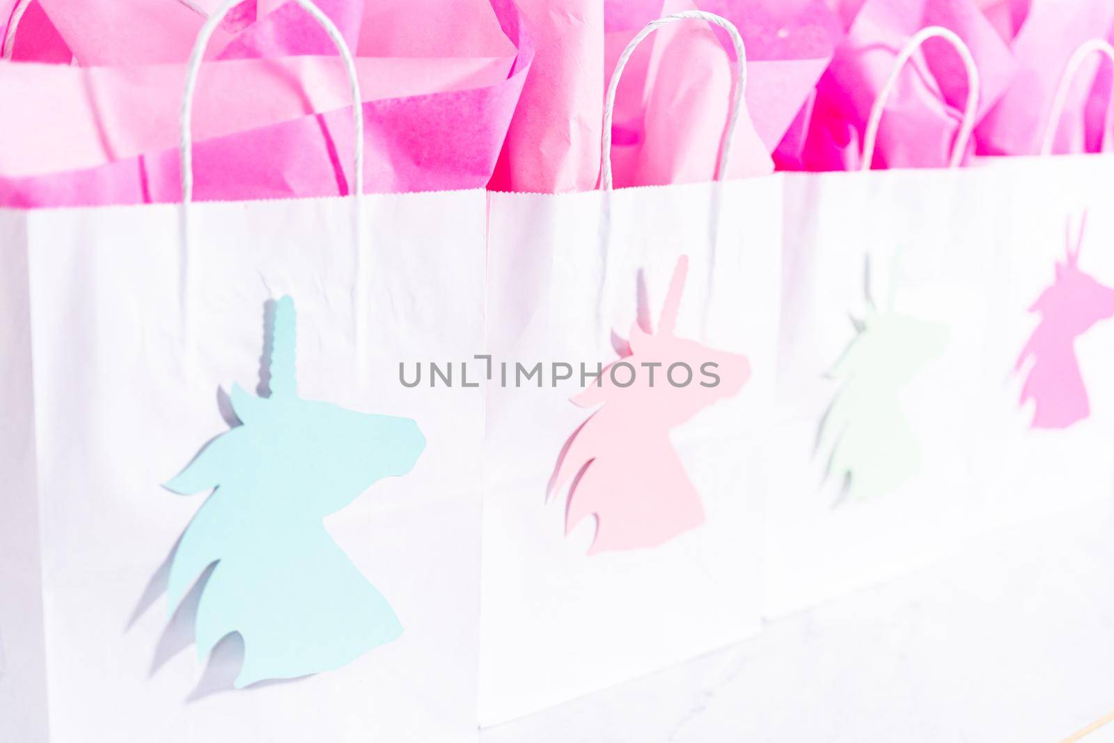 Unicorn Birthday party favor bags for a little girl's Birthday party.