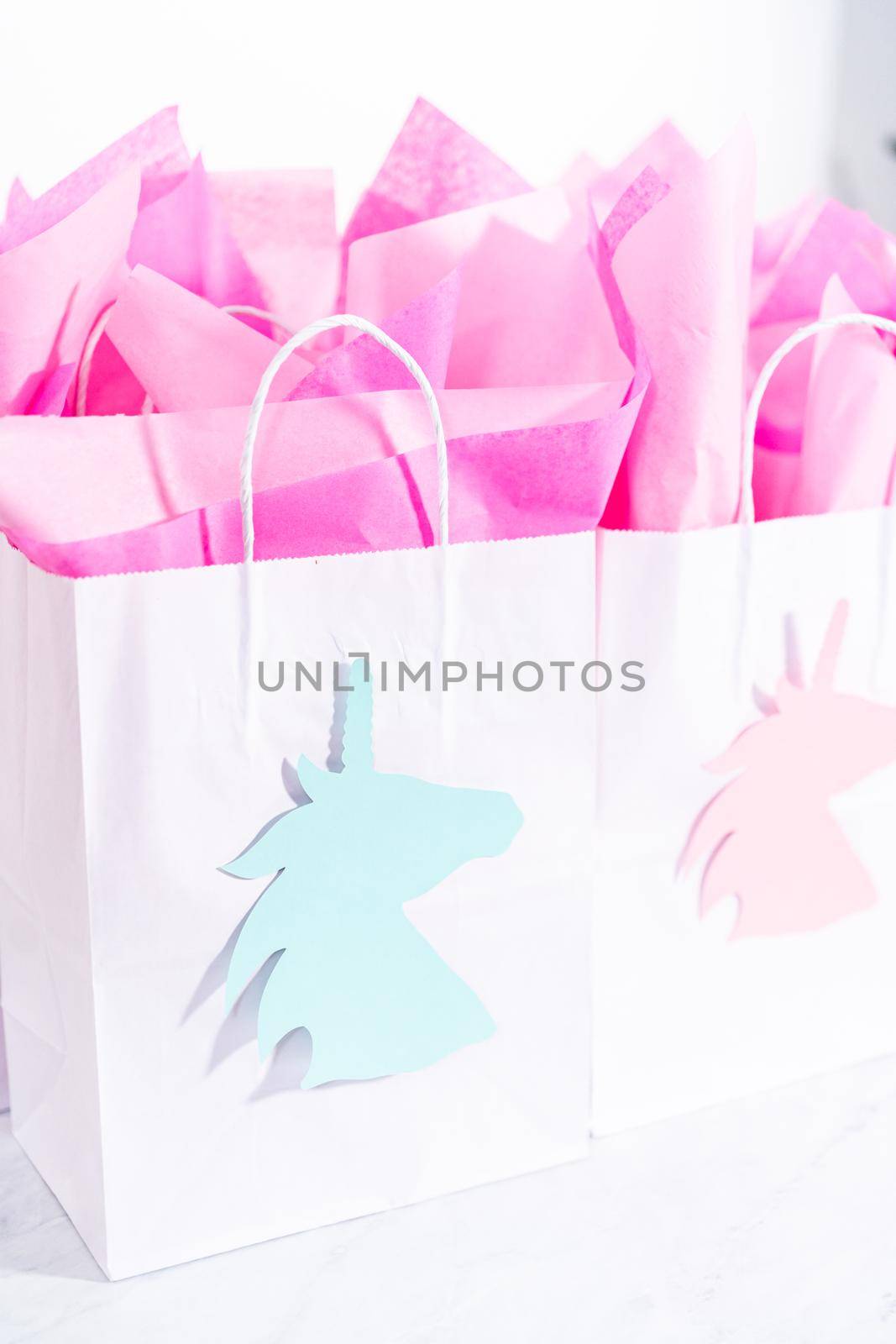 Unicorn Birthday party favor bags for a little girl's Birthday party.
