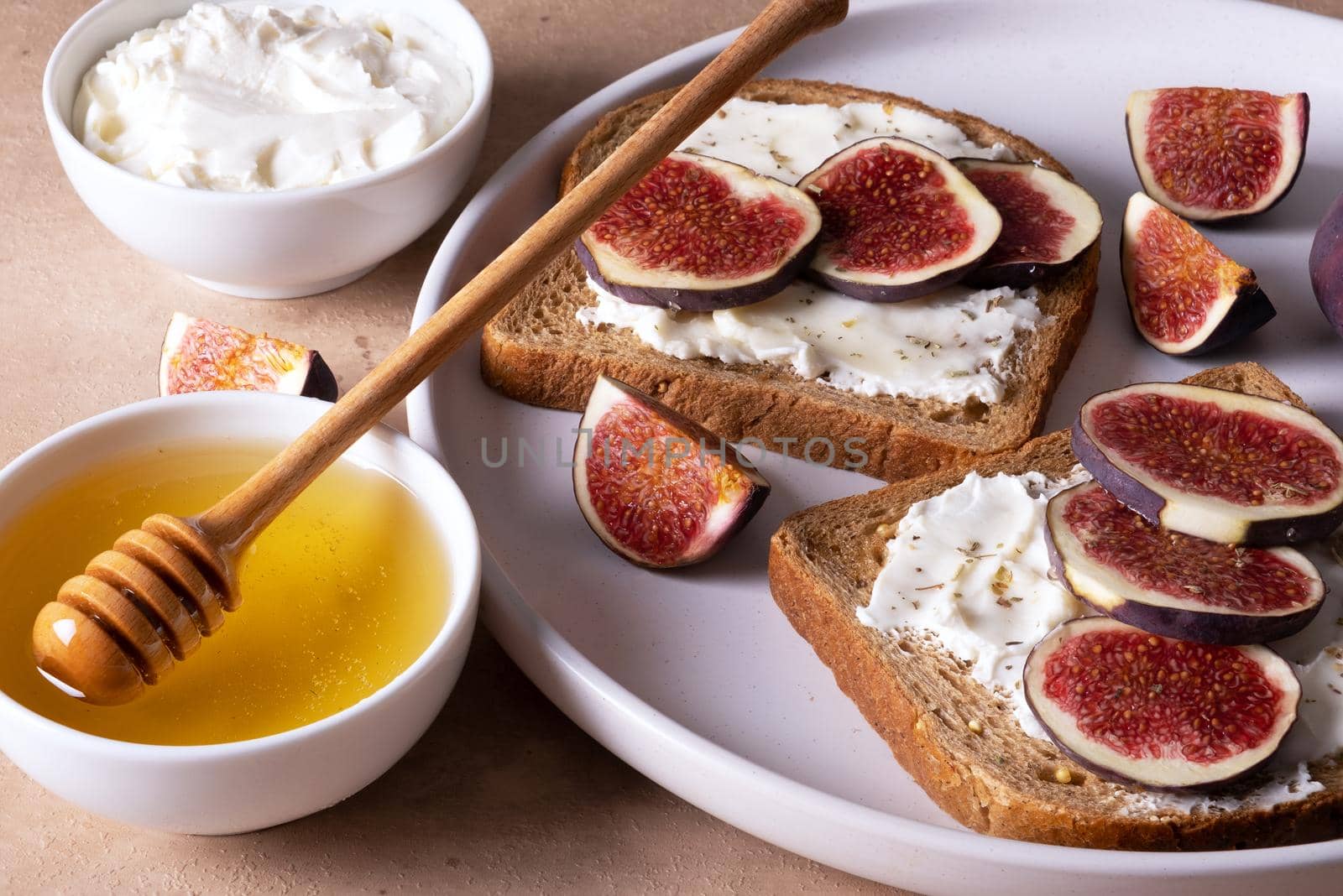 Fresh zeon bread with ricotta, figs, dry herbs and honey. Selective focus.