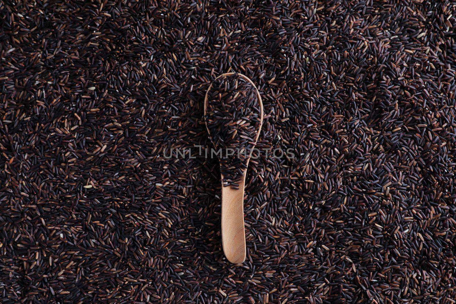 Organic raw riceberry rice on spoon in close up by piyato