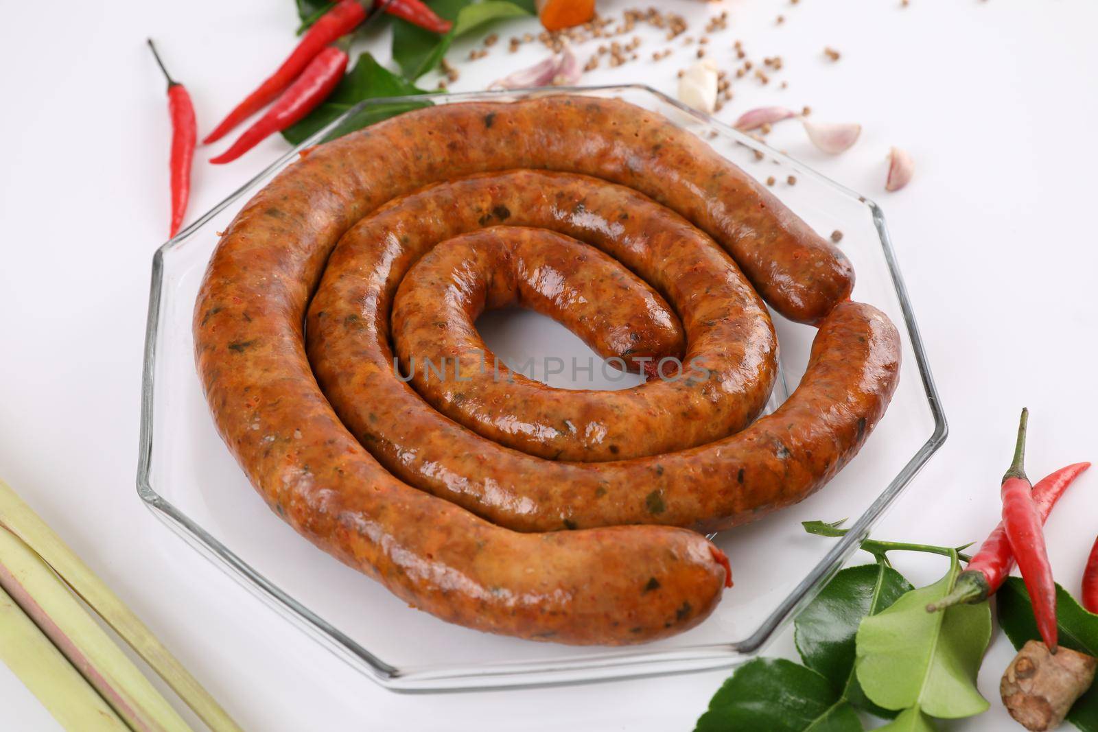 Local Northern Thai food , Northern Thai spicy sausage street food isolated in white background