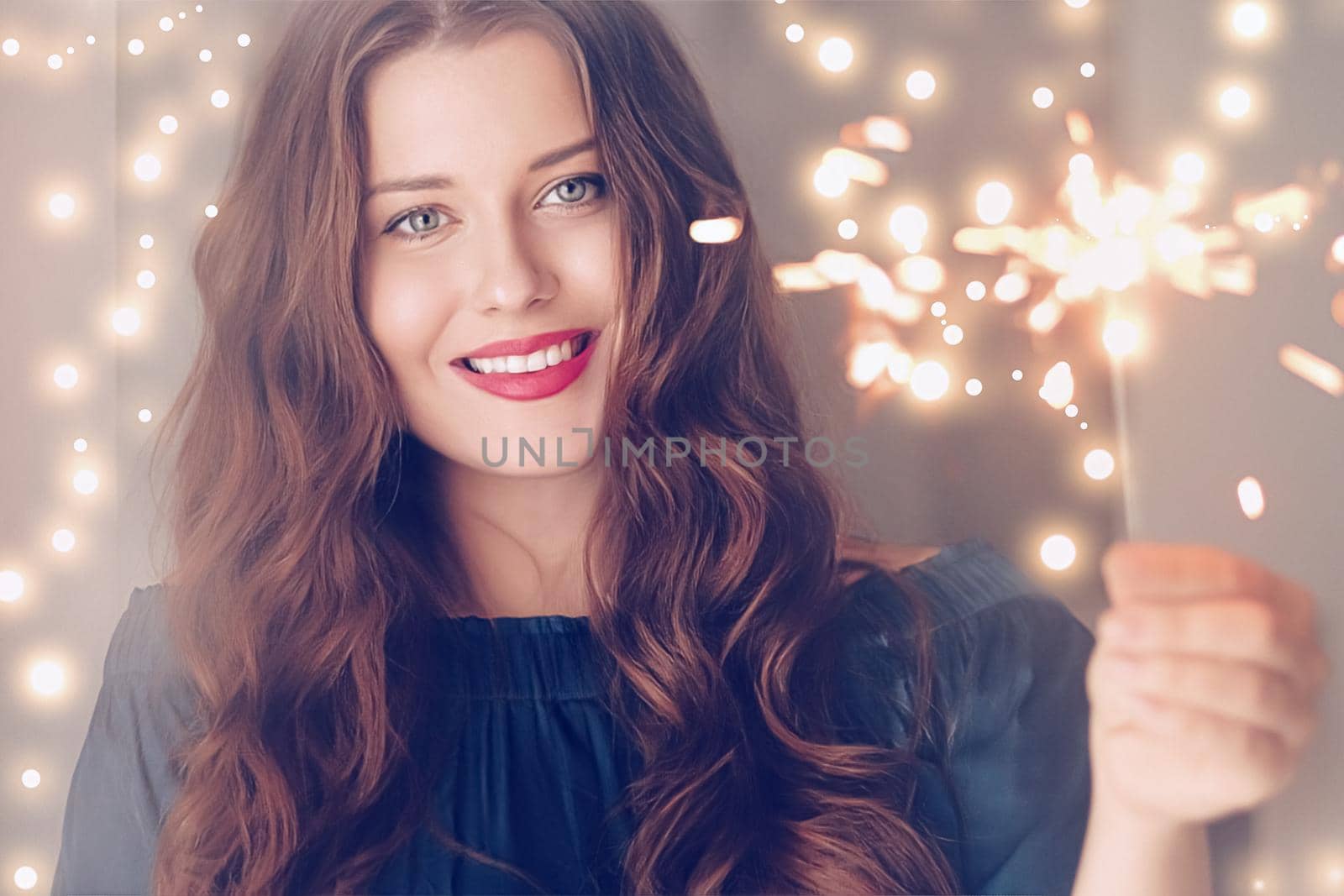 Holiday magic, Christmas and New Year celebration, happy woman with sparklers by Anneleven