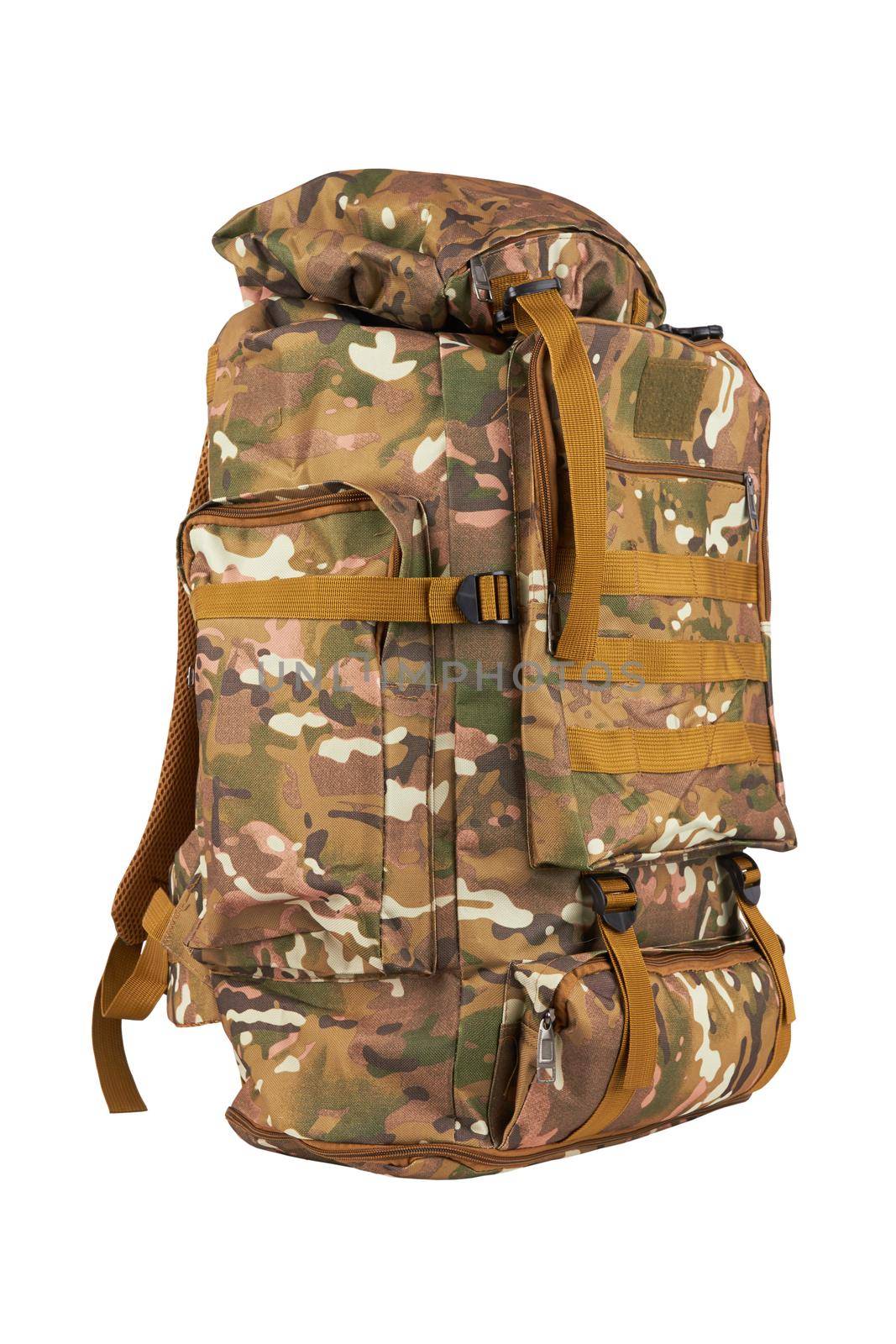 Camouflage backpack for the forest and military backpack isolated n white