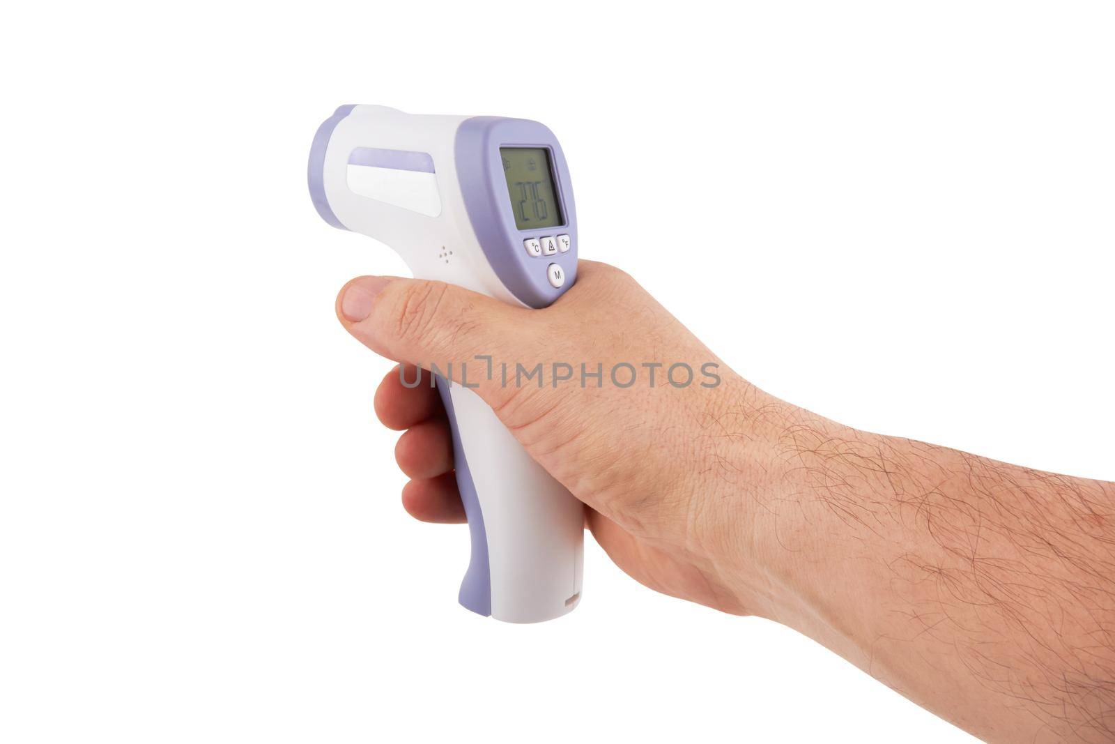 Electronic thermometer in hand isolated on white background