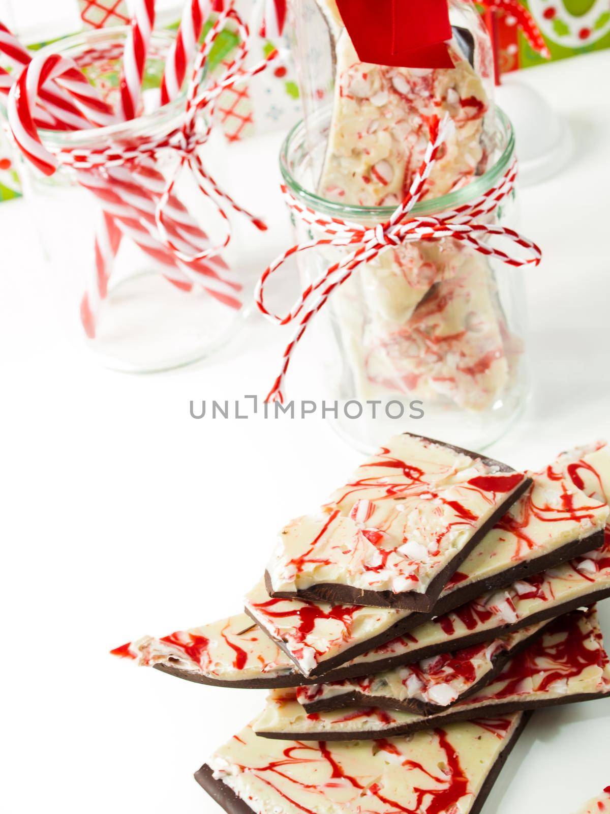 Traditional Christmas Chocolate Peppermint Bark sprinkled with peppermint candies.