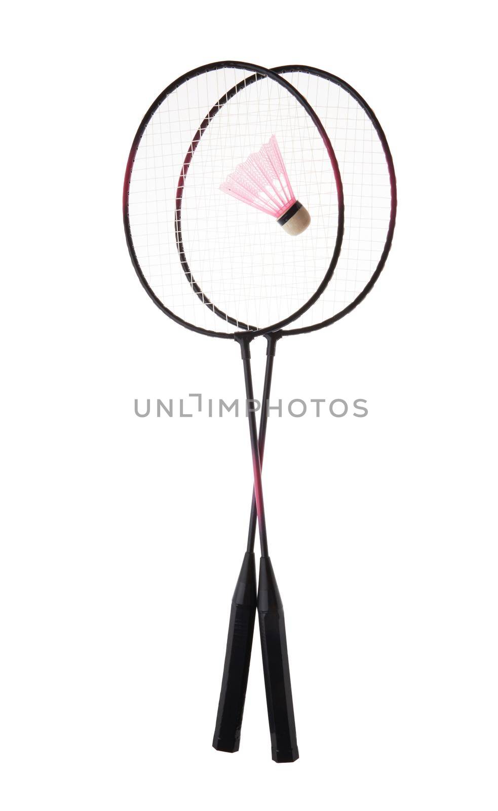 Badminton rackets and shuttlecock isolated on white background