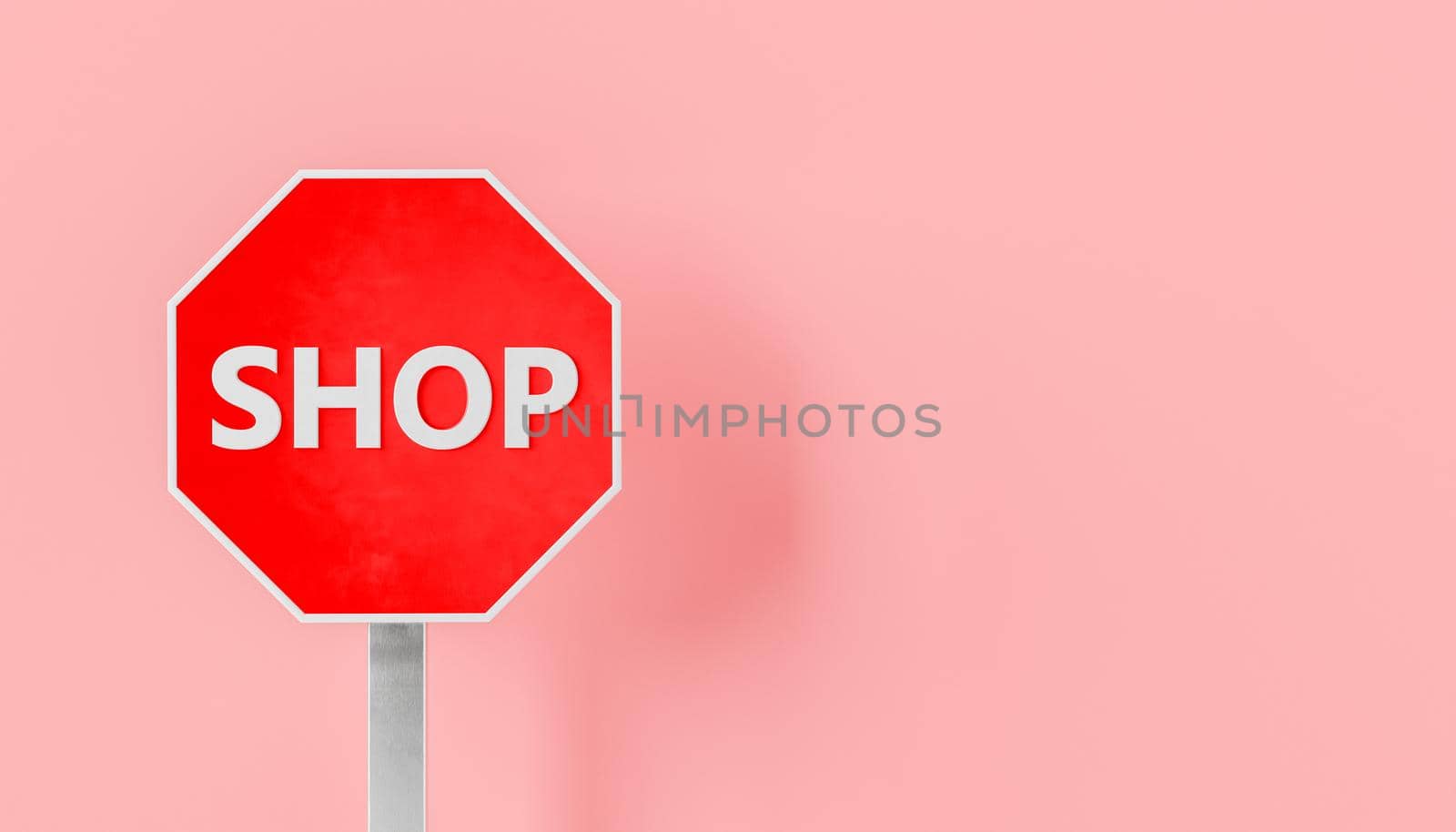 3D illustration of octagonal red sign with white Shop inscription against pink background