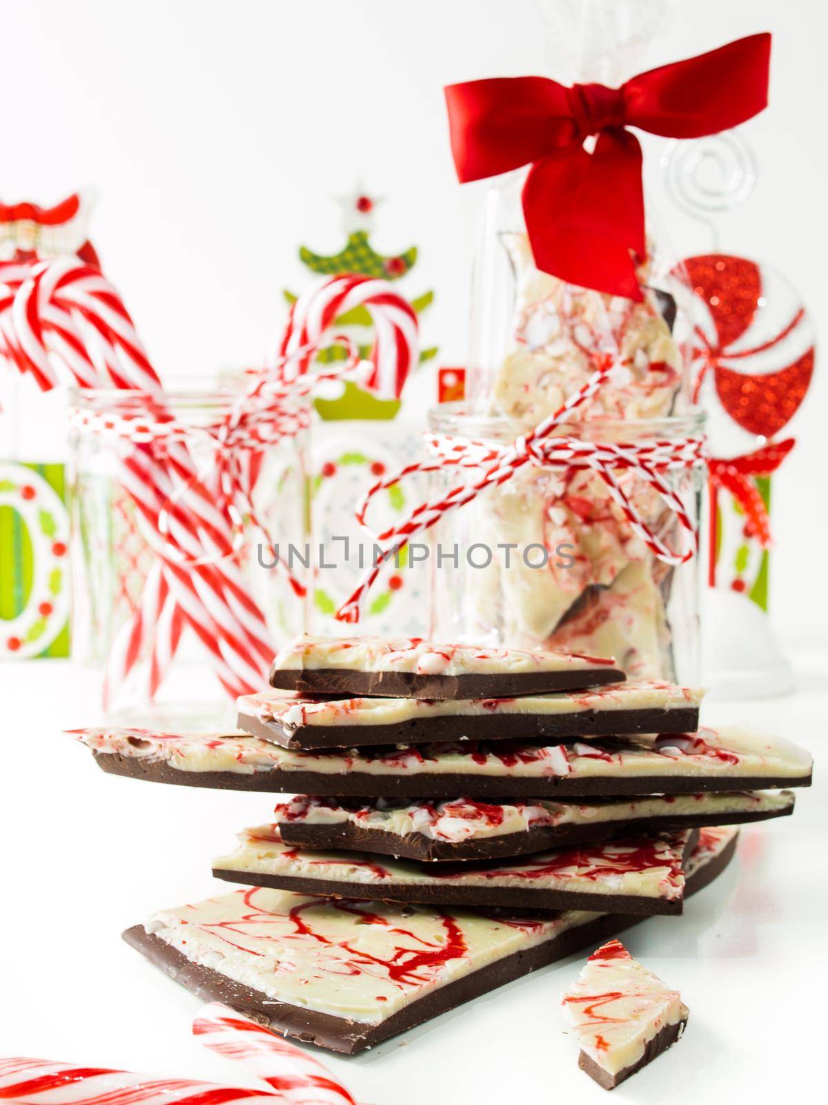 Traditional Christmas Chocolate Peppermint Bark sprinkled with peppermint candies.